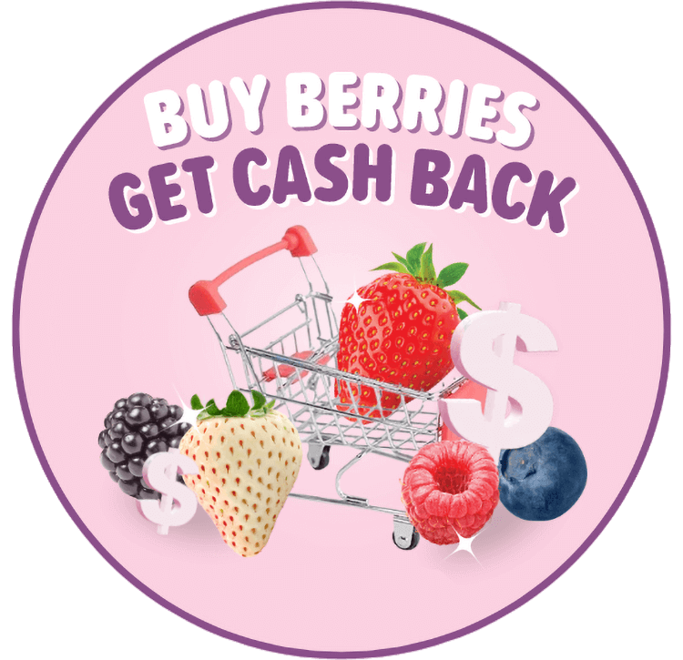 Buy Berries Popup - Showing various berries on a grocery cart.